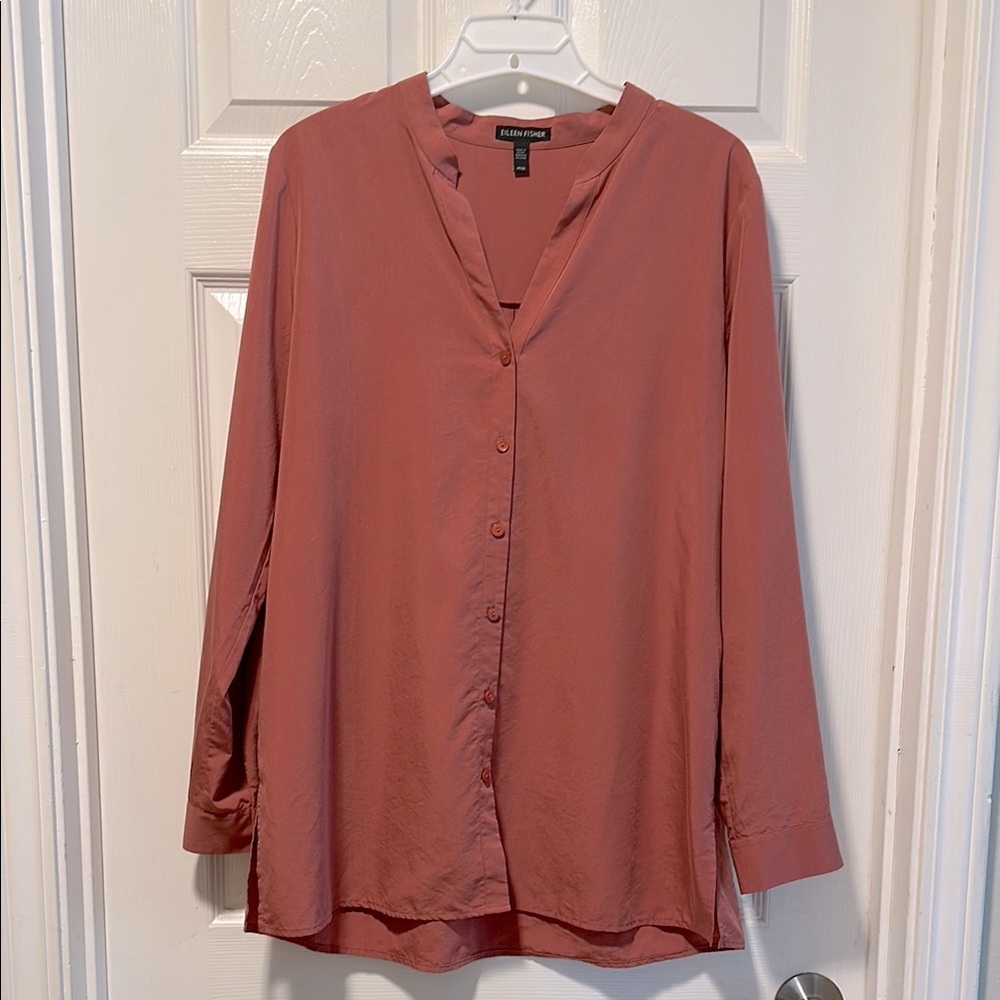Eileen Fisher Terra Pink Long Sleeve Button Down Blouse